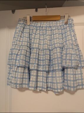 English Factory Sequin Blue & White Plaid Tiered Skirt - waist stretches to fit